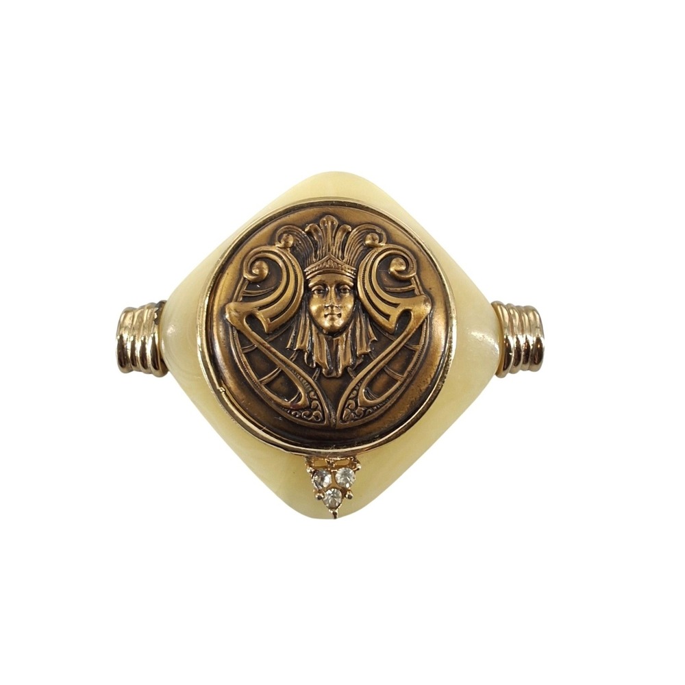 Vintage Art Nouveau Goddess Medallion Brooch‎ Cream Resin Gold Pin 2.5"